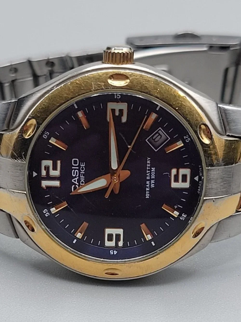 Casio Edifice Watch Men Gold Silver Tone Date Round 37mm Blue Dial 7.5